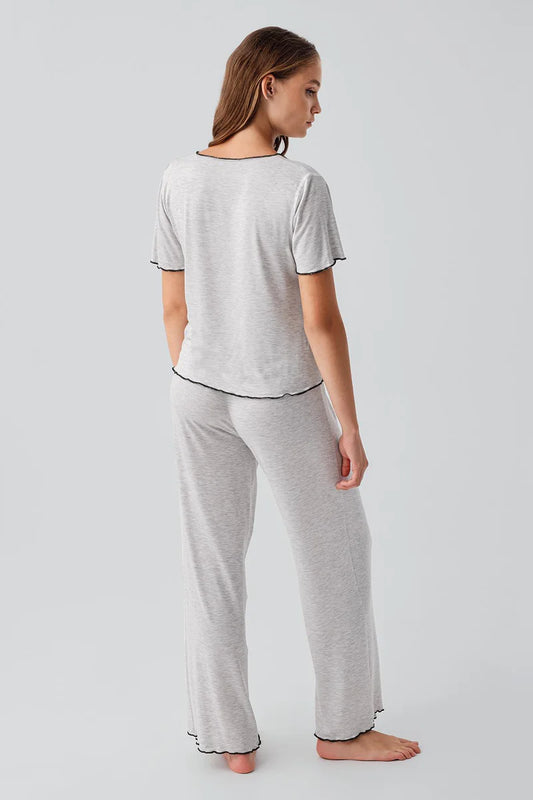 Women's Short-Sleeve Bow-Detail Viscose Pajama Set - Gray Melange