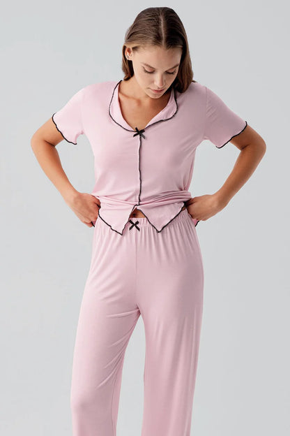 Women's Pajama Set  Short-Sleeve Bow-Detail Viscose - Pink