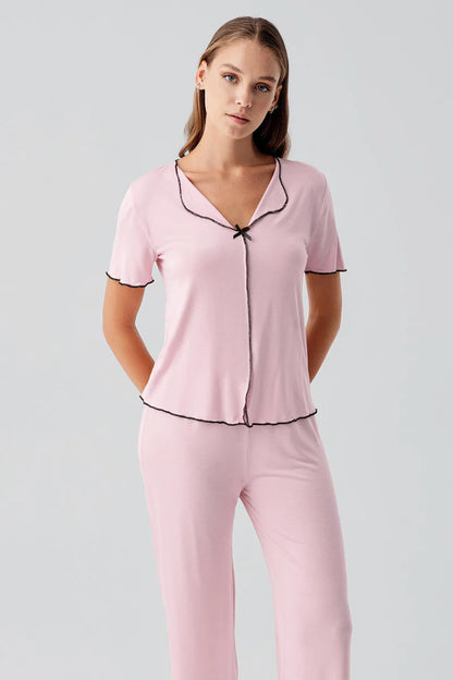 Women's Pajama Set  Short-Sleeve Bow-Detail Viscose - Pink