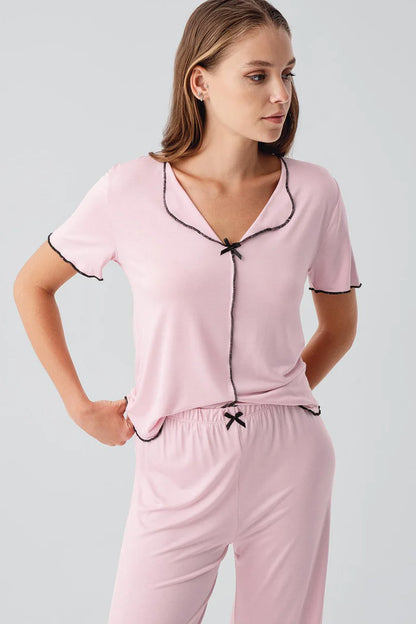 Women's Pajama Set  Short-Sleeve Bow-Detail Viscose - Pink