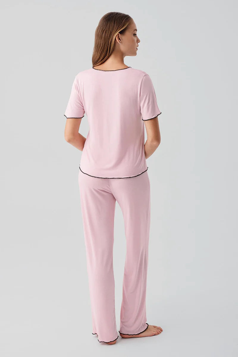 Women's Pajama Set  Short-Sleeve Bow-Detail Viscose - Pink