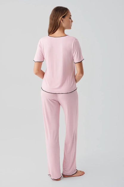 Women's Pajama Set  Short-Sleeve Bow-Detail Viscose - Pink