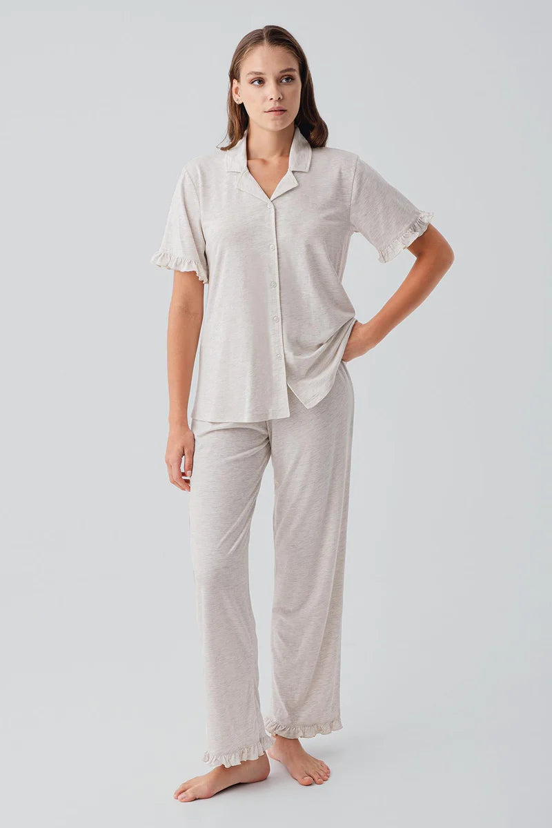 Women's Ruffle-Detail Cotton Pajama Set Short-Sleeve Buttoned - Beige