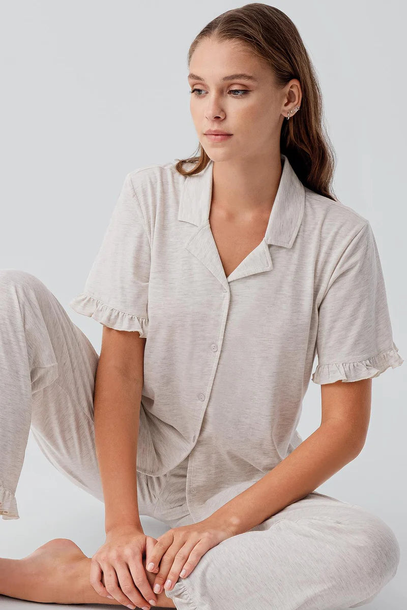 Women's Ruffle-Detail Cotton Pajama Set Short-Sleeve Buttoned - Beige