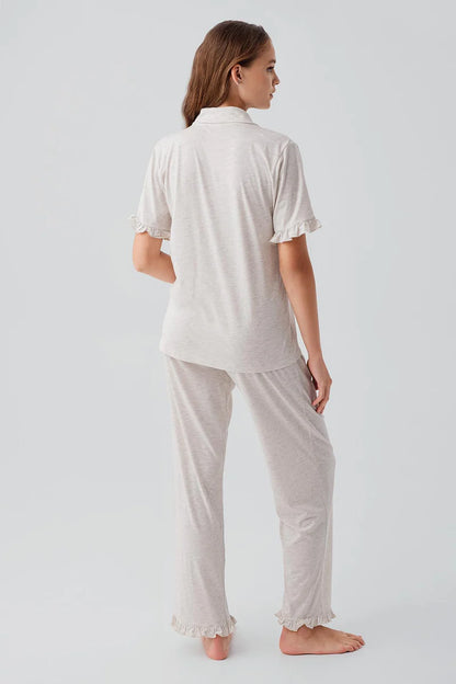 Women's Ruffle-Detail Cotton Pajama Set Short-Sleeve Buttoned - Beige