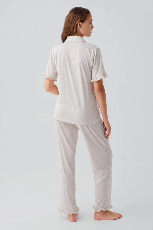 Women's Ruffle-Detail Cotton Pajama Set Short-Sleeve Buttoned - Beige