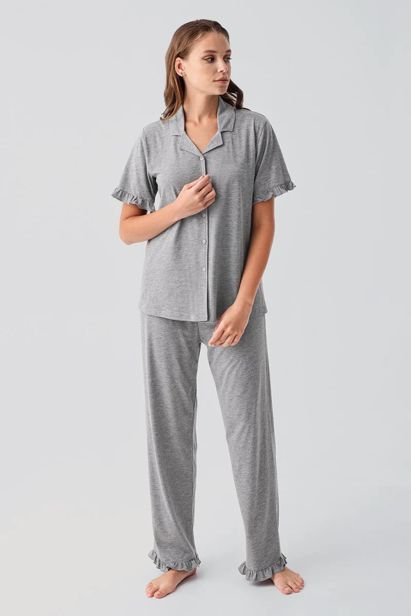 Cotton Pajama Set for Women Short-Sleeve Buttoned Ruffle-Detail - Gray