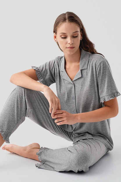 Cotton Pajama Set for Women Short-Sleeve Buttoned Ruffle-Detail - Gray
