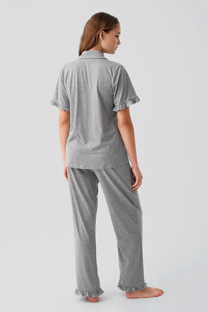 Cotton Pajama Set for Women Short-Sleeve Buttoned Ruffle-Detail - Gray