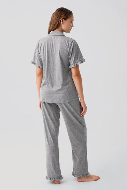 Cotton Pajama Set for Women Short-Sleeve Buttoned Ruffle-Detail - Gray