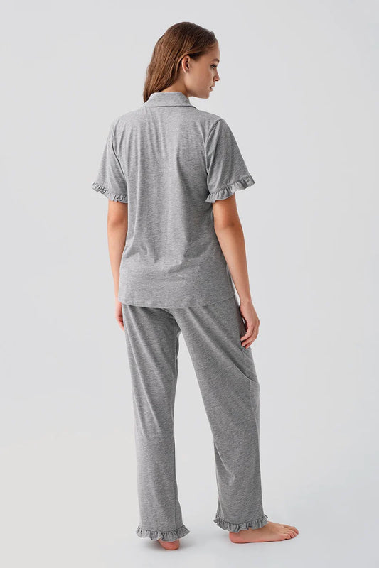 Cotton Pajama Set for Women Short-Sleeve Buttoned Ruffle-Detail - Gray