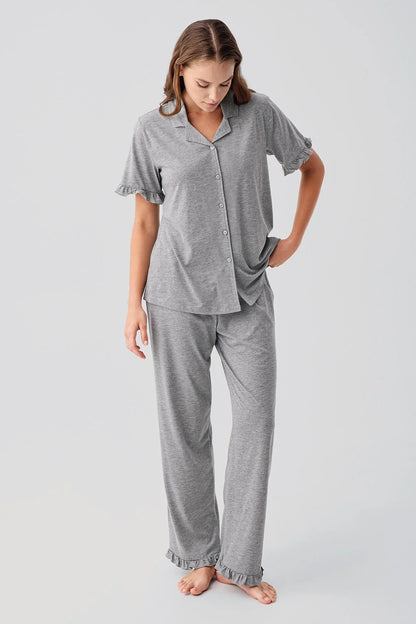 Women's Gray Short-Sleeve Buttoned Ruffle-Detail Cotton Pajama Set