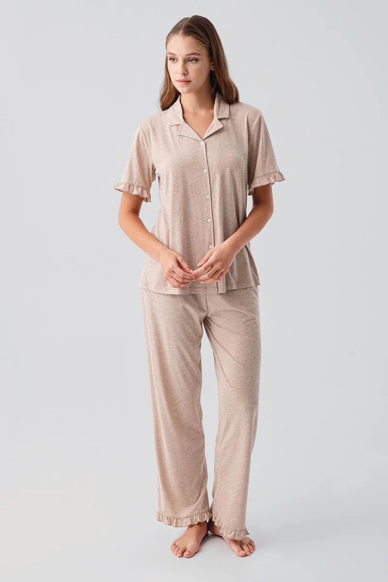 Women's Cotton Pajama Set Ruffle-Detail Short-Sleeve Buttoned - Light Brown