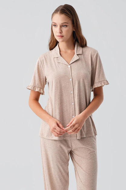 Women's Cotton Pajama Set Ruffle-Detail Short-Sleeve Buttoned - Light Brown