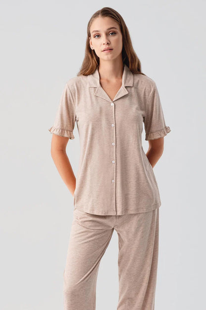 Women's Cotton Pajama Set Ruffle-Detail Short-Sleeve Buttoned - Light Brown