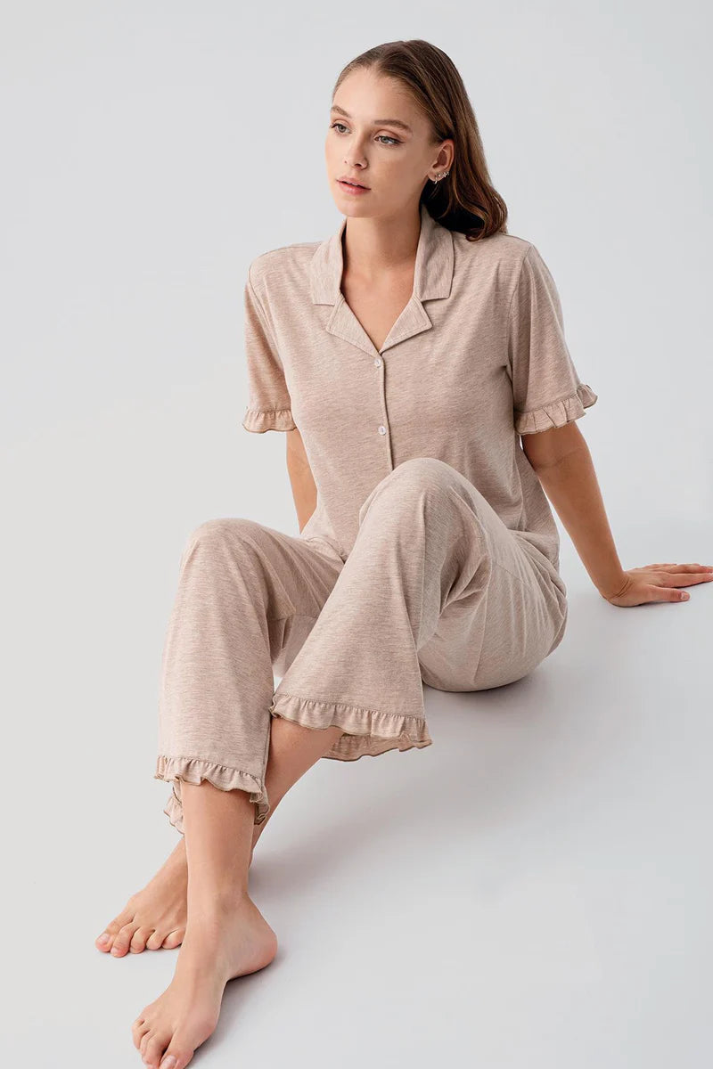 Women's Cotton Pajama Set Ruffle-Detail Short-Sleeve Buttoned - Light Brown