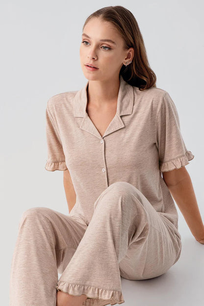 Women's Cotton Pajama Set Ruffle-Detail Short-Sleeve Buttoned - Light Brown