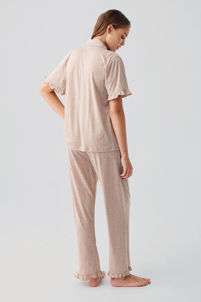 Women's Cotton Pajama Set Ruffle-Detail Short-Sleeve Buttoned - Light Brown