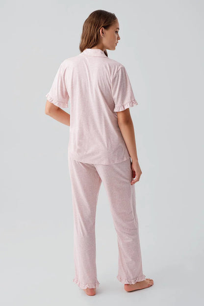 Women's Ruffle-Detail Short-Sleeve Buttoned Cotton Pajama Set - Pink