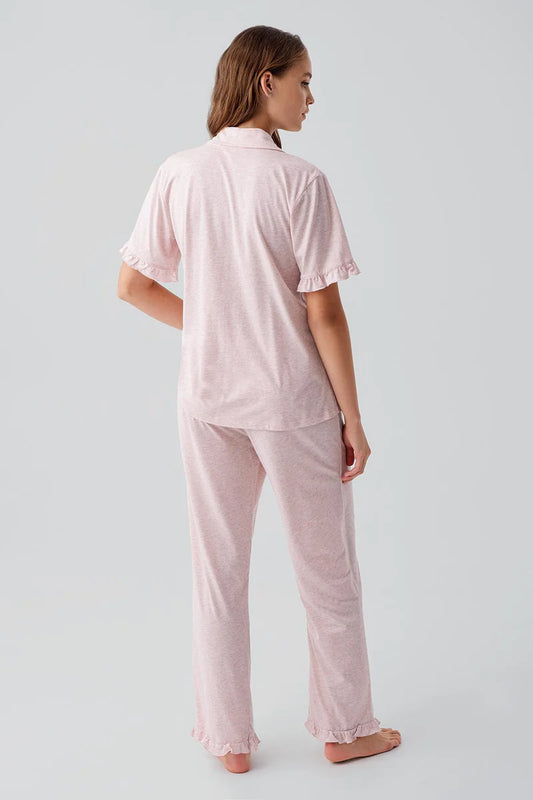 Women's Ruffle-Detail Short-Sleeve Buttoned Cotton Pajama Set - Pink