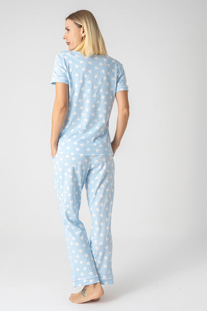 Heart Print Short Sleeve Pajama Set – Soft Viscose Button-Up Sleepwear for Women - Light Blue