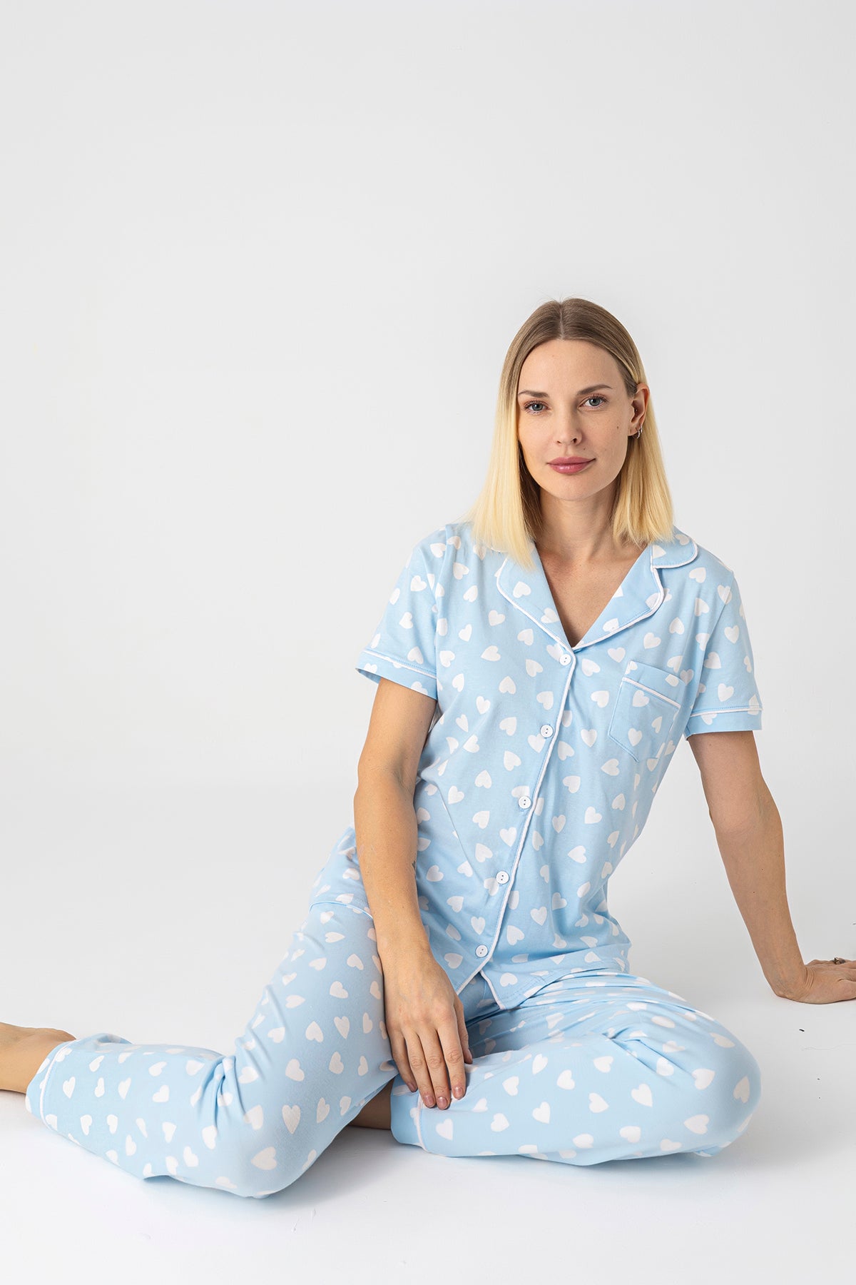 Heart Print Short Sleeve Pajama Set – Soft Viscose Button-Up Sleepwear for Women - Light Blue