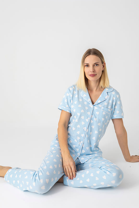 Heart Print Short Sleeve Pajama Set – Soft Viscose Button-Up Sleepwear for Women - Light Blue