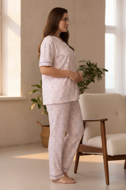 Plus-Size Short-Sleeve Pajama Set for Women Buttoned Viscose - Light Lilac