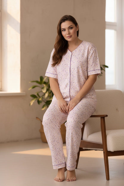 Plus-Size Short-Sleeve Pajama Set for Women Buttoned Viscose - Light Lilac