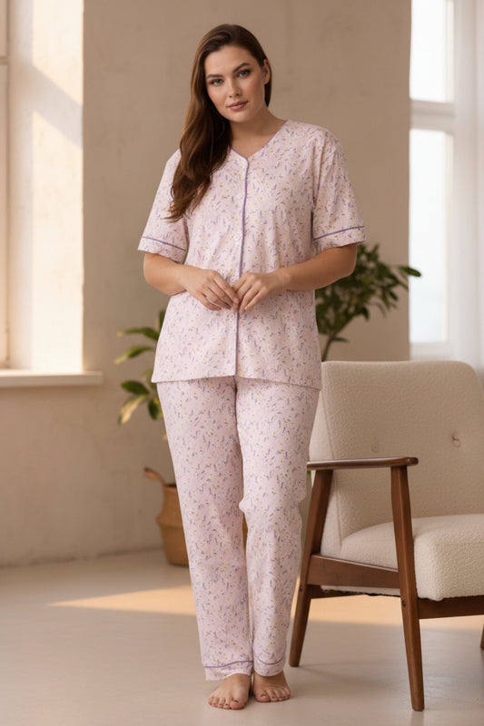 Plus-Size Short-Sleeve Pajama Set for Women Buttoned Viscose - Light Lilac