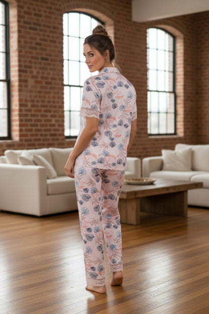 Women's Lace Pajama Set Short-Sleeve Buttoned Viscose - Powder Pink