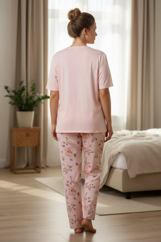 Plus-Size Pajama Set for Women Short-Sleeve Buttoned Viscose - Powder Pink
