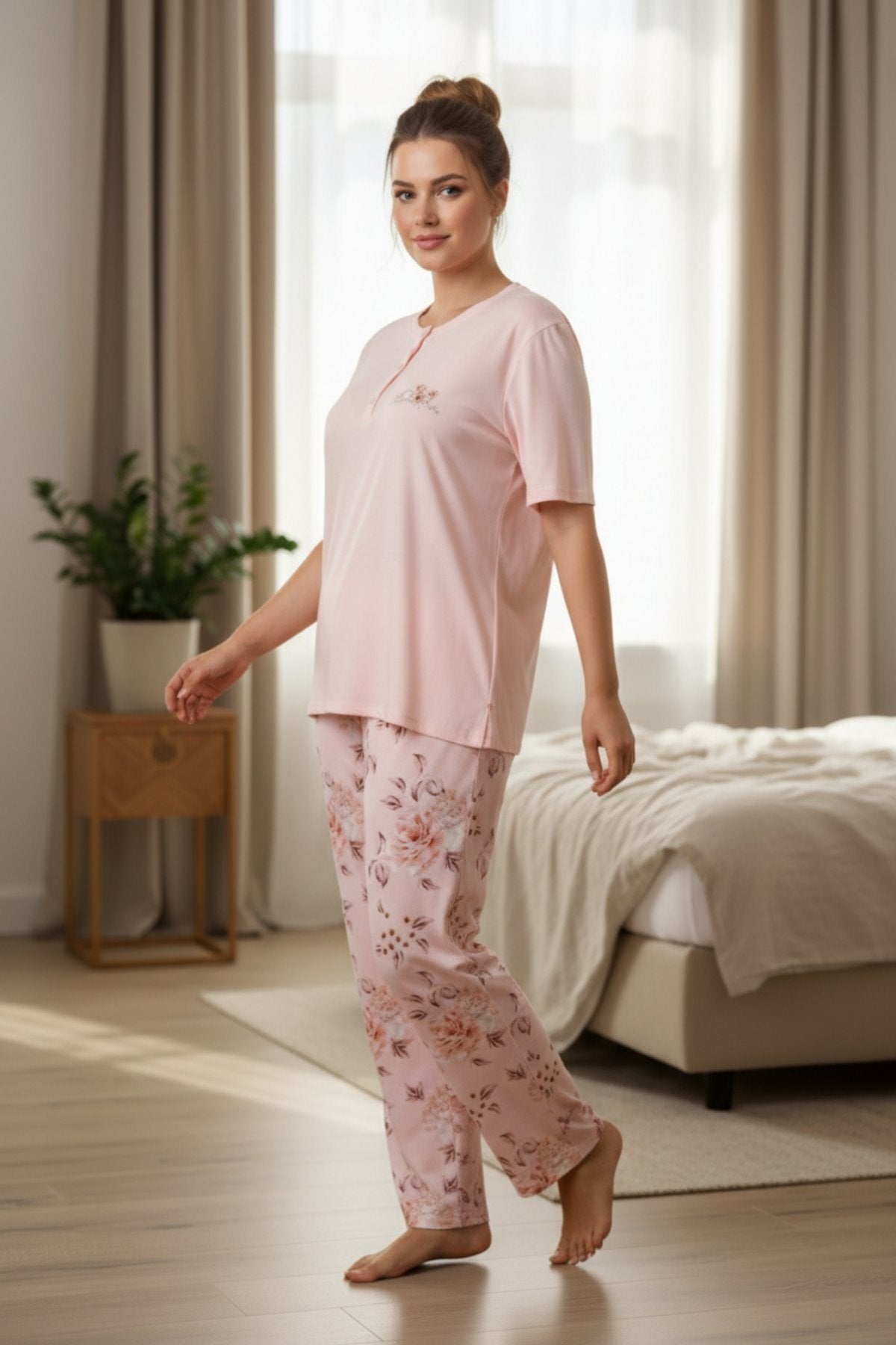 Plus-Size Pajama Set for Women Short-Sleeve Buttoned Viscose - Powder Pink