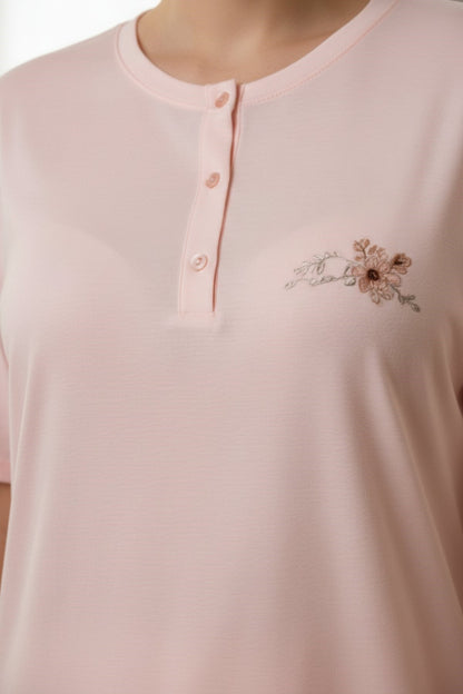 Plus-Size Pajama Set for Women Short-Sleeve Buttoned Viscose - Powder Pink