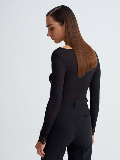 Women’s Black Lace Trim Micro Modal & Cashmere Blend Blouse – Soft Stretch Long Sleeve Top