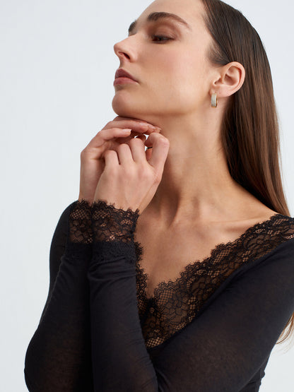 Women’s Black Lace Trim Micro Modal & Cashmere Blend Blouse – Soft Stretch Long Sleeve Top
