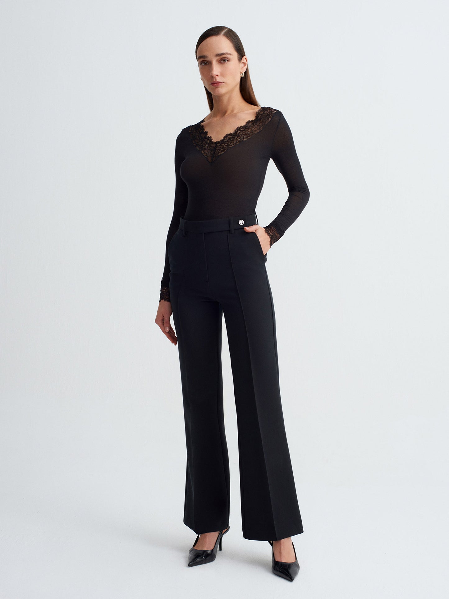 Women’s Black Lace Trim Micro Modal & Cashmere Blend Blouse – Soft Stretch Long Sleeve Top