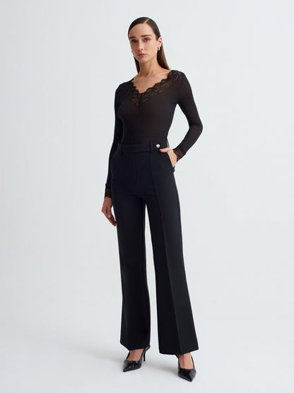 Women’s Black Lace Trim Micro Modal & Cashmere Blend Blouse – Soft Stretch Long Sleeve Top