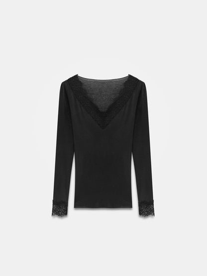 Women’s Black Lace Trim Micro Modal & Cashmere Blend Blouse – Soft Stretch Long Sleeve Top