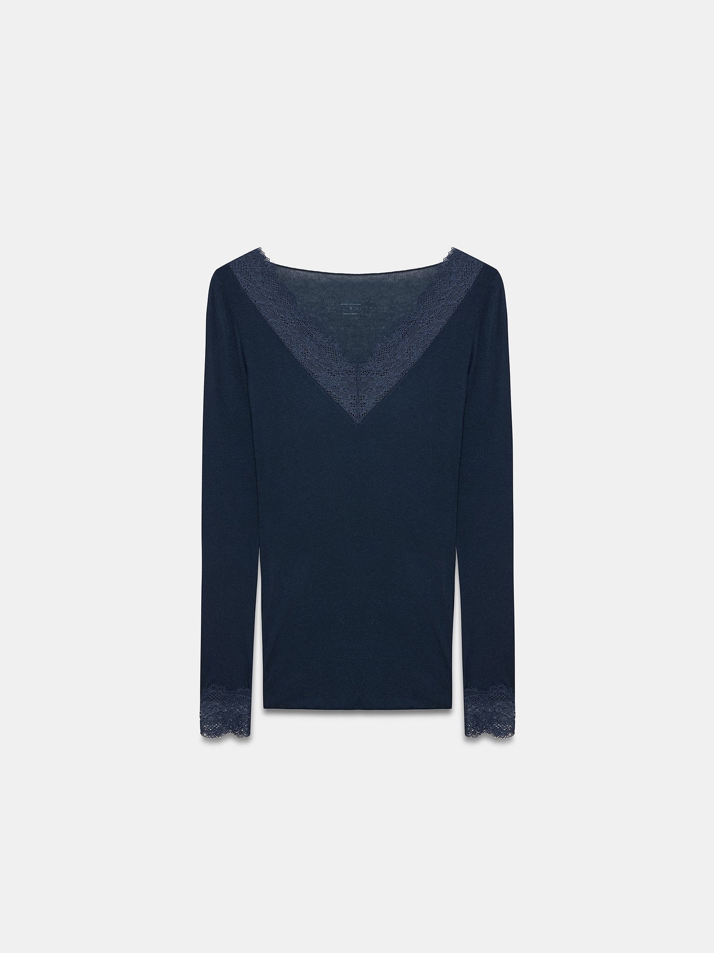 Women’s Dark Blue Lace Trim Micro Modal & Cashmere Blend Blouse – Soft Stretch Long Sleeve Top