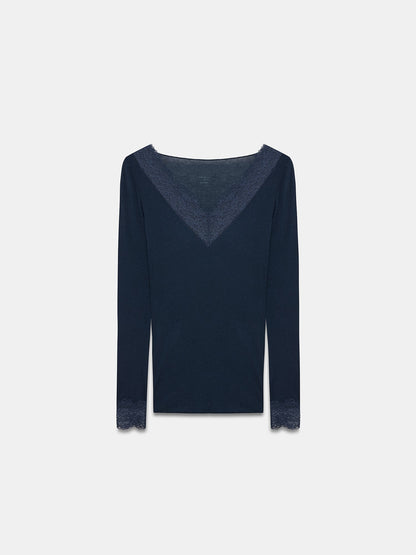 Women’s Dark Blue Lace Trim Micro Modal & Cashmere Blend Blouse – Soft Stretch Long Sleeve Top