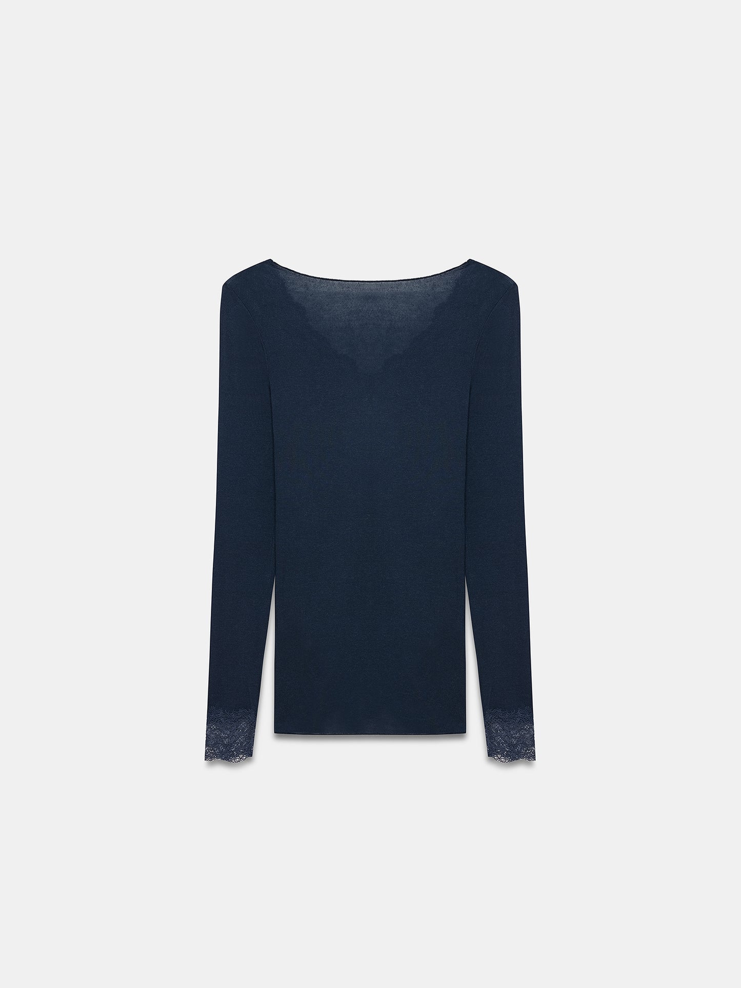 Women’s Dark Blue Lace Trim Micro Modal & Cashmere Blend Blouse – Soft Stretch Long Sleeve Top