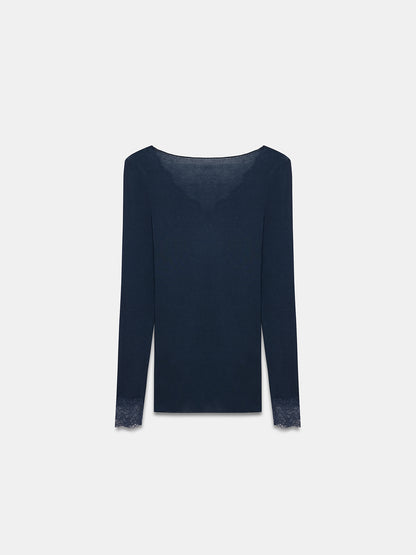 Women’s Dark Blue Lace Trim Micro Modal & Cashmere Blend Blouse – Soft Stretch Long Sleeve Top