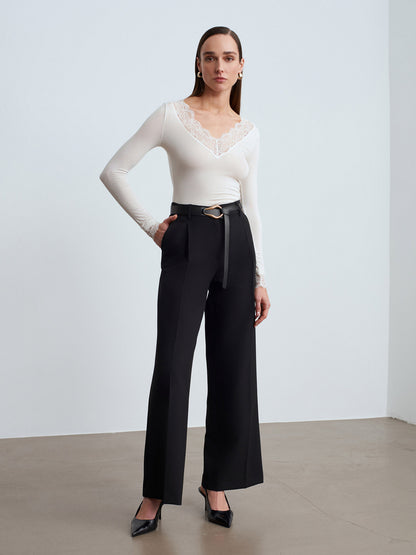 Women’s Ecru Lace Trim Micro Modal & Cashmere Blend Blouse – Soft Stretch Long Sleeve Top