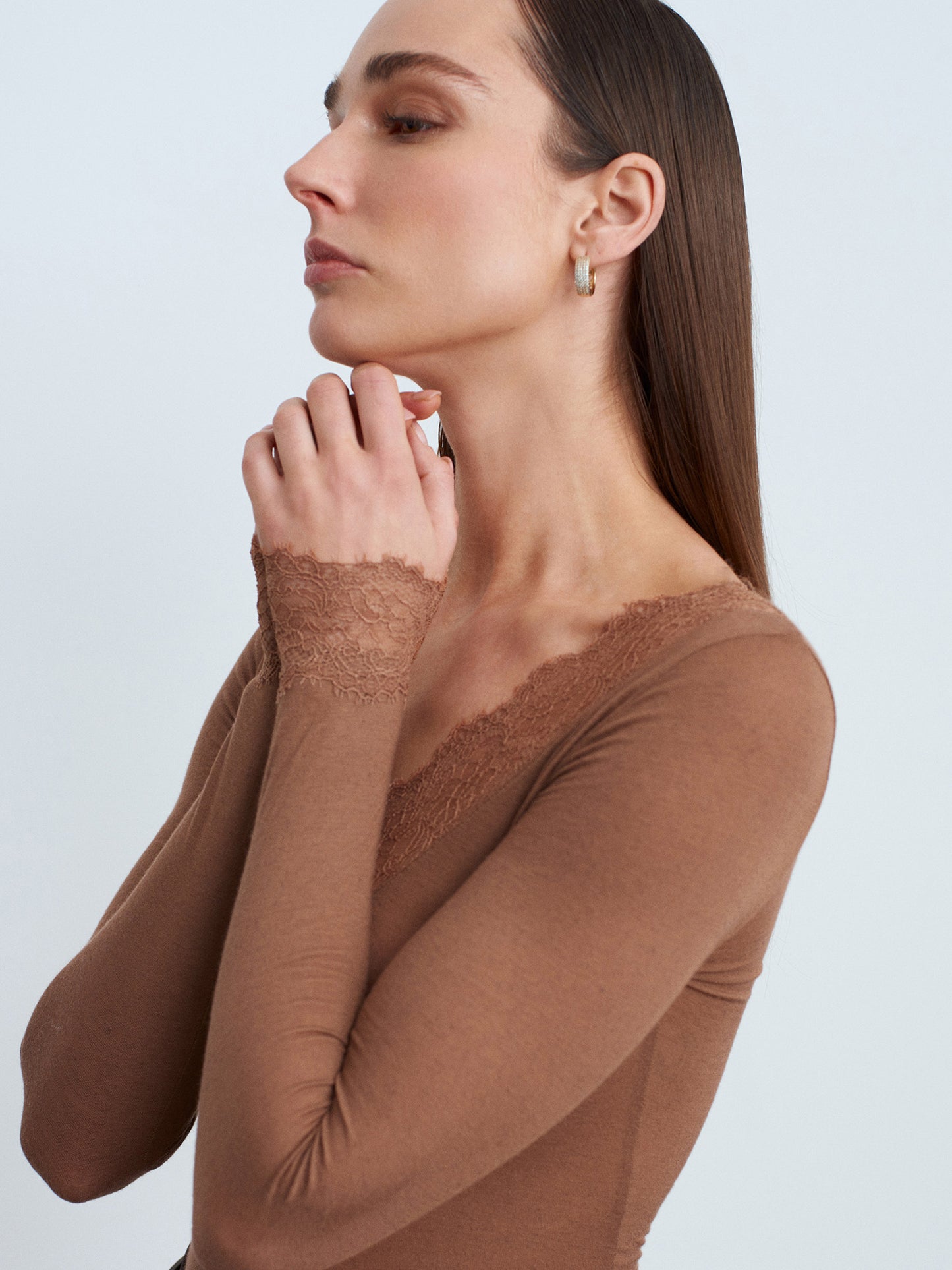 Women’s Mink Lace Trim Micro Modal & Cashmere Blend Blouse – Soft Stretch Long Sleeve Top