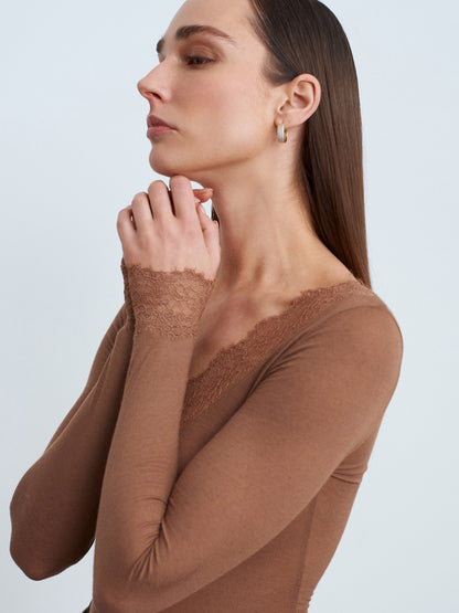 Women’s Mink Lace Trim Micro Modal & Cashmere Blend Blouse – Soft Stretch Long Sleeve Top