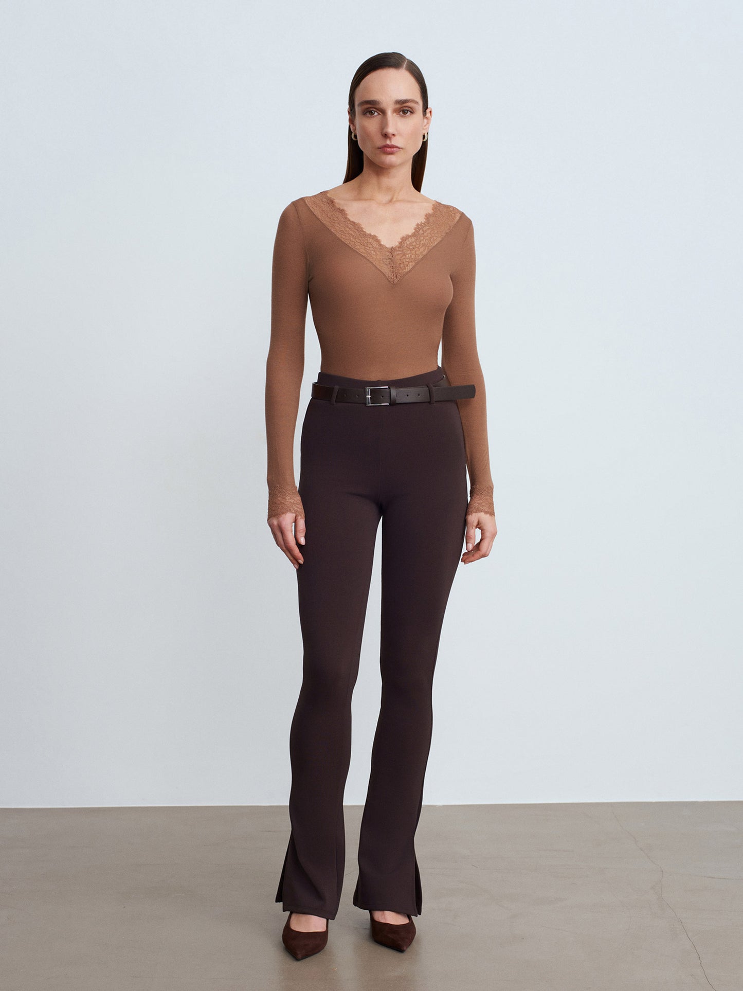 Women’s Mink Lace Trim Micro Modal & Cashmere Blend Blouse – Soft Stretch Long Sleeve Top