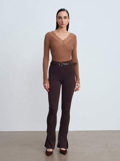 Women’s Mink Lace Trim Micro Modal & Cashmere Blend Blouse – Soft Stretch Long Sleeve Top