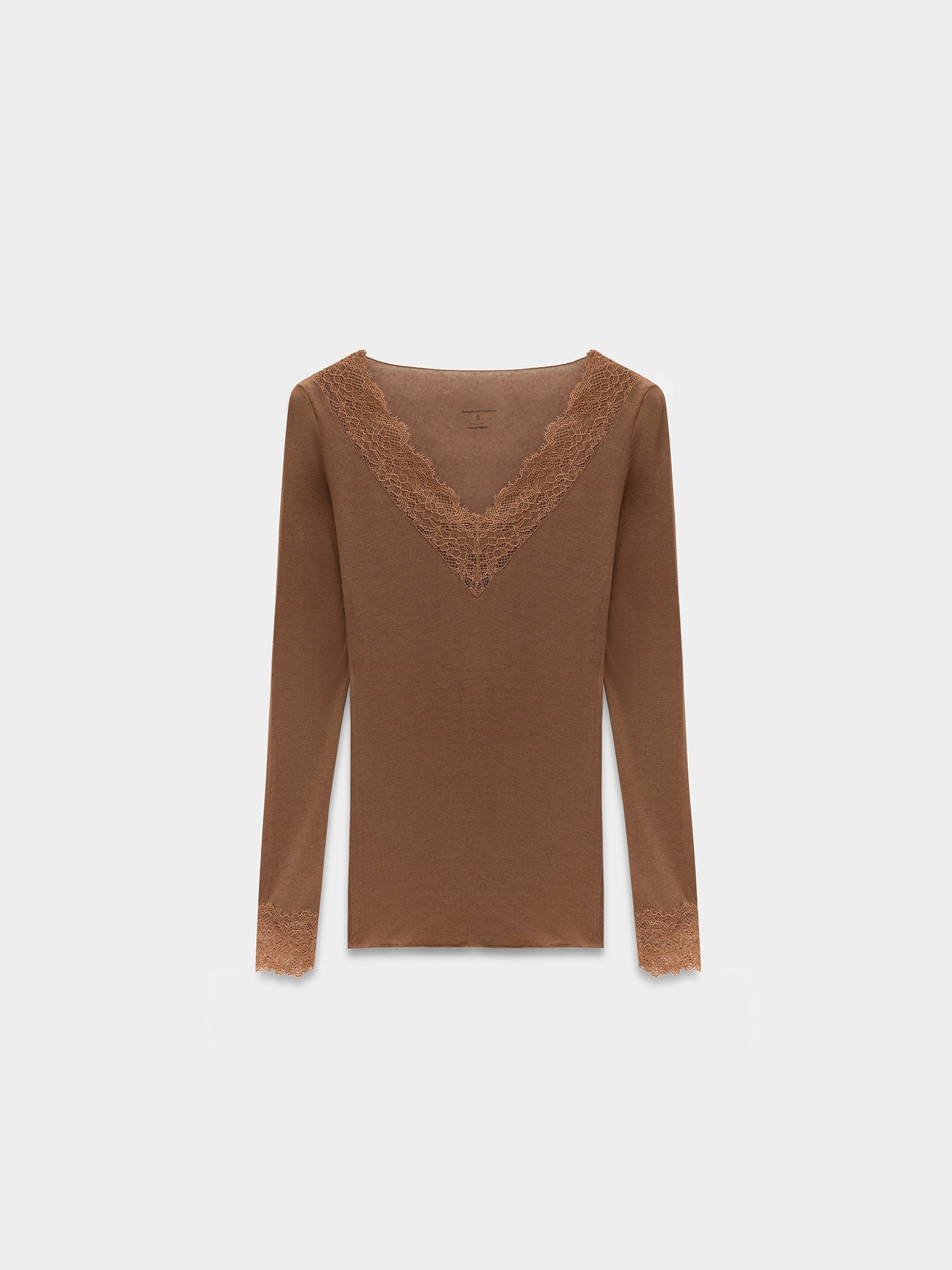 Women’s Mink Lace Trim Micro Modal & Cashmere Blend Blouse – Soft Stretch Long Sleeve Top