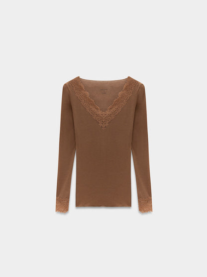 Women’s Mink Lace Trim Micro Modal & Cashmere Blend Blouse – Soft Stretch Long Sleeve Top